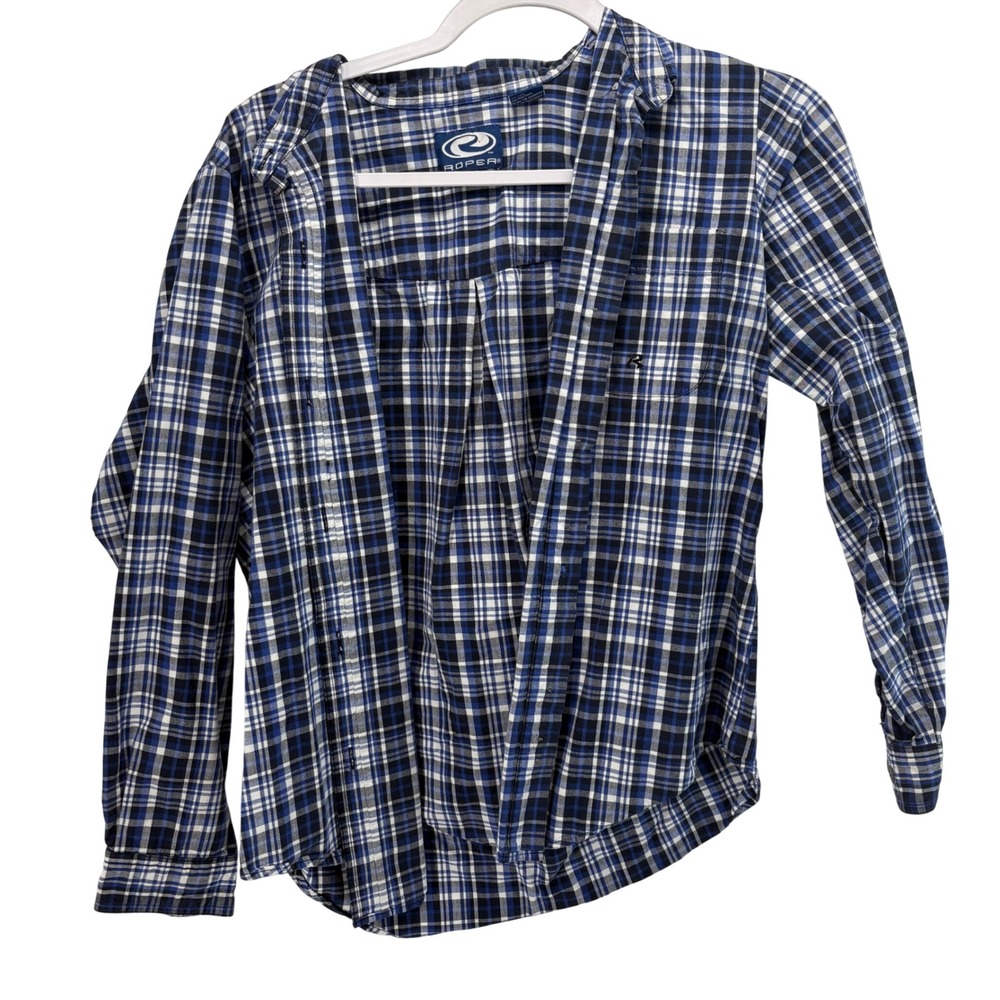 Roper Mens Blue White Plaid‎ Cotton Long Sleeve Button Down Shirt 150162657